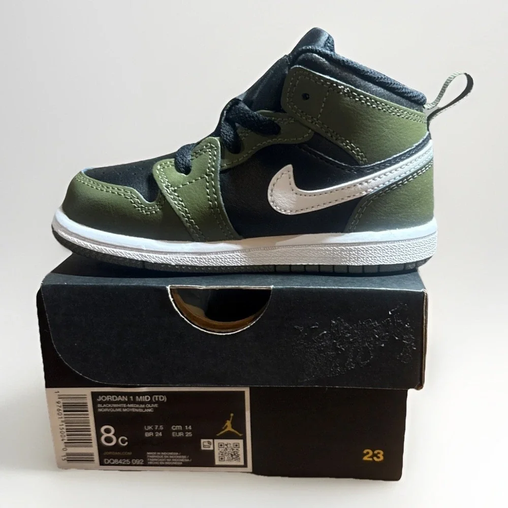 *NEW* TODDLER BABY NIKE AIR JORDAN 1 MID (TD) BLACK/WHITE-OLIVE (DQ8425 092) 8c